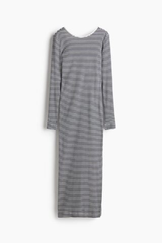 H & M - Geribde jurk met laag rugdecolleté - Wit/Marineblauw Gestreept