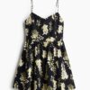 H & M - Katoenen jurk met uitlopende rok - Zwart/Bloemen