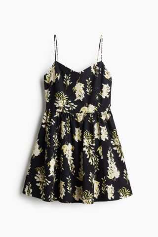 H & M - Katoenen jurk met uitlopende rok - Zwart/Bloemen