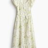 H & M - Popeline jurk met pofmouwen - Wit/Bloemen