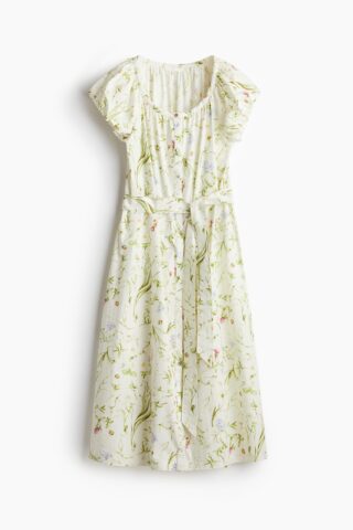 H & M - Popeline jurk met pofmouwen - Wit/Bloemen