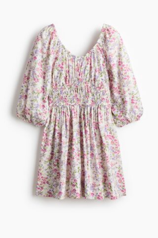 H & M - Katoenen jurk met uitlopende rok - Wit/Bloemen