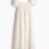 H & M - Katoenen jurk met pofmouwen - Roomwit/Bloemen