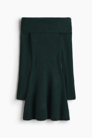 H & M - Ribgebreide off-the-shoulderjurk - Donkergroen