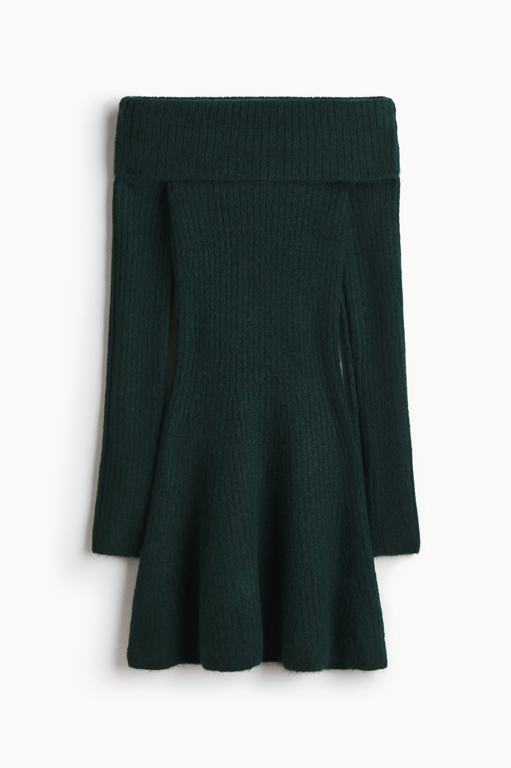 H & M - Ribgebreide off-the-shoulderjurk - Donkergroen