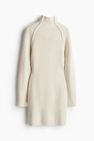 H & M - Ribgebreide jurk met turtleneck - Roomwit