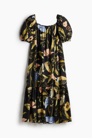 H & M - Maxi-jurk met vierkante hals - Zwart/Bloemen