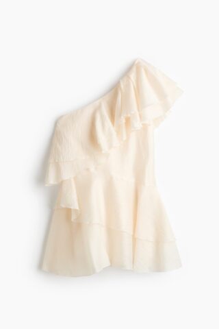 H & M - One-shoulderjurk met volants - Roomwit