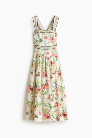 H & M - Jurk met strikbanden - Roomwit/Bloemen