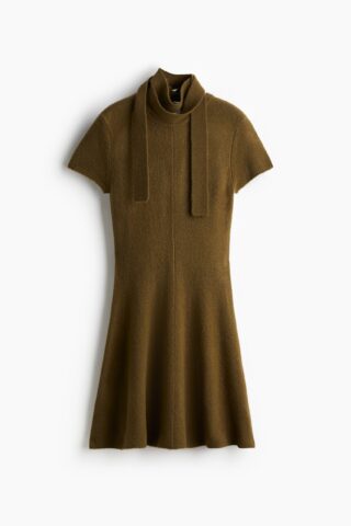 H & M - Gebreide jurk met sjaaldetail - Donker Kakigroen