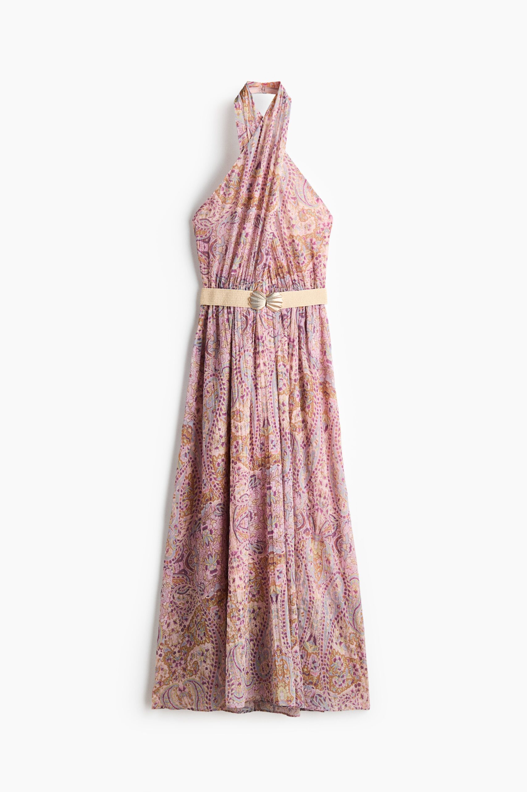 H & M - Halterjurk met ceintuur - Roze/Paisleydessin
