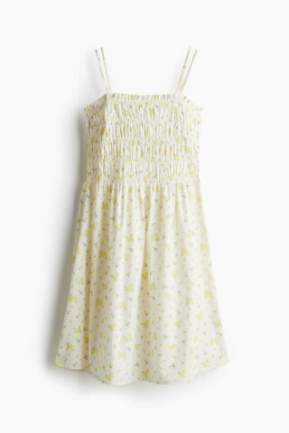 H & M - Katoenen jurk met smokwerk - Wit/Bloemen