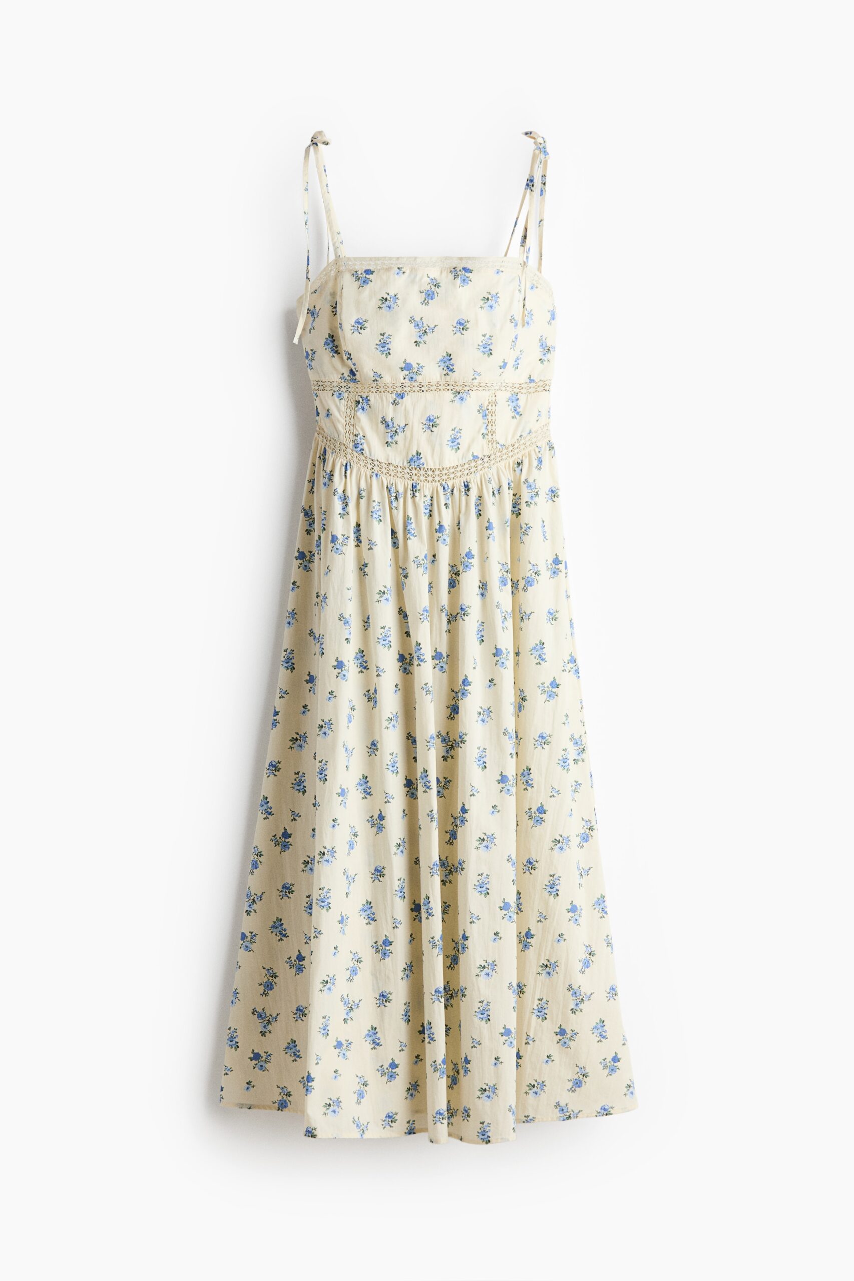 H & M - Katoenen jurk met strikbandjes - Lichtgeel/Bloemen