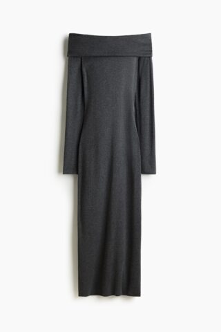 H & M - Off-the-shoulderjurk - Donkergrijs Gemêleerd