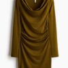 H & M - Tricot jurk met watervalhals - Olijfgoud