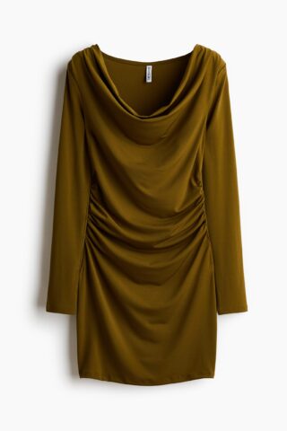 H & M - Tricot jurk met watervalhals - Olijfgoud