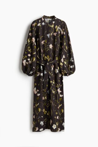 H & M - Jurk van linnenmix met strikceintuur - Zwart/Bloemen