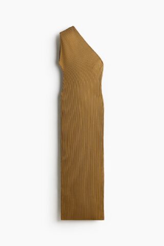 H & M - Ribgebreide one-shoulderjurk - Donkerbeige