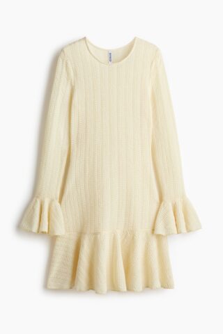 H & M - Ajourgebreide jurk met volants - Lichtgeel