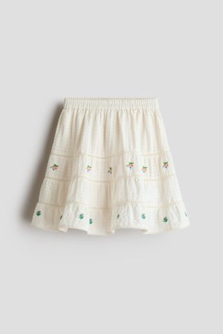 H & M - Katoenen rok met borduursel - Roomwit/Bloemen