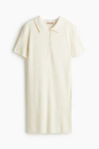H & M - Ribgebreide jurk met kraag - Roomwit