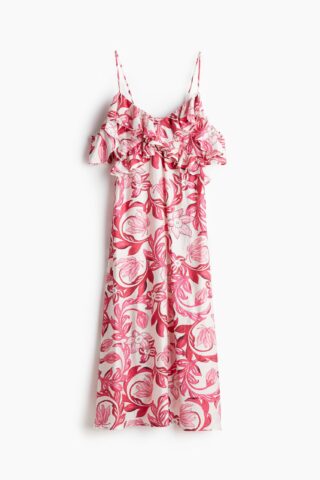 H & M - Cold-shoulderjurk met volants - Wit/Roze Bloemen