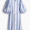 H & M - Jurk van linnenmix - Wit/Blauw Gestreept