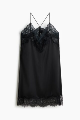 H & M - Satijnen jurk met kant - Zwart