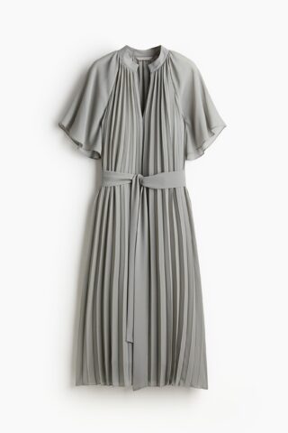H & M - Plisséjurk met strikceintuur - Grijs