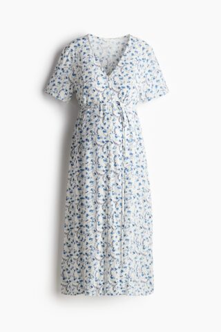 H & M - MAMA Before & After Jurk met strikceintuurtje - Wit/Blauwe Bloemen