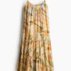 H & M - Maxi-jurk met strikbandjes - Beige/Bloemen