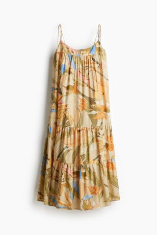 H & M - Maxi-jurk met strikbandjes - Beige/Bloemen