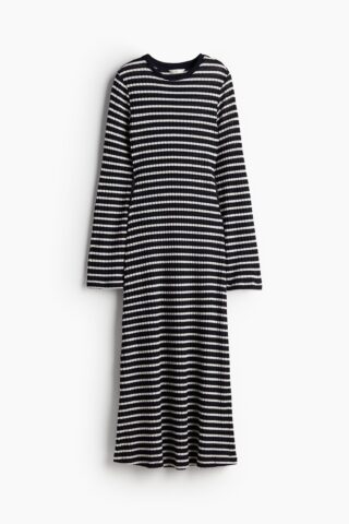 H & M - Ribgebreide jurk - Marineblauw/Gestreept