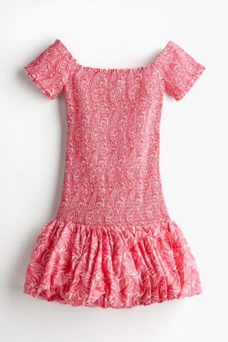 H & M - Gesmokte off-the-shoulderjurk - Roze/Dessin
