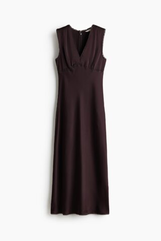 H & M - Mouwloze satijnen jurk - Donkerbruin