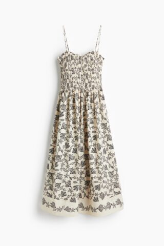 H & M - Jurk met smokwerk - Roomwit/Zwart Bloemen