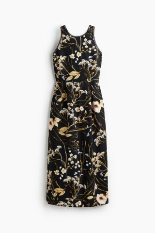 H & M - Jurk van linnenmix - Zwart/Bloemen