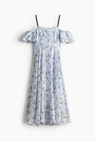 H & M - Cold-shoulderjurk van linnenmix - Lichtblauw/Bloemen