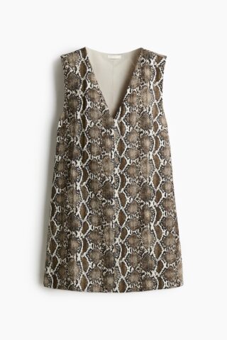 H & M - Shift-jurk met V-hals - Donkerbeige/Slangenleerdessin