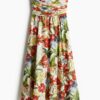 H & M - Geplooide bandeaujurk - Roomwit/Bloemen