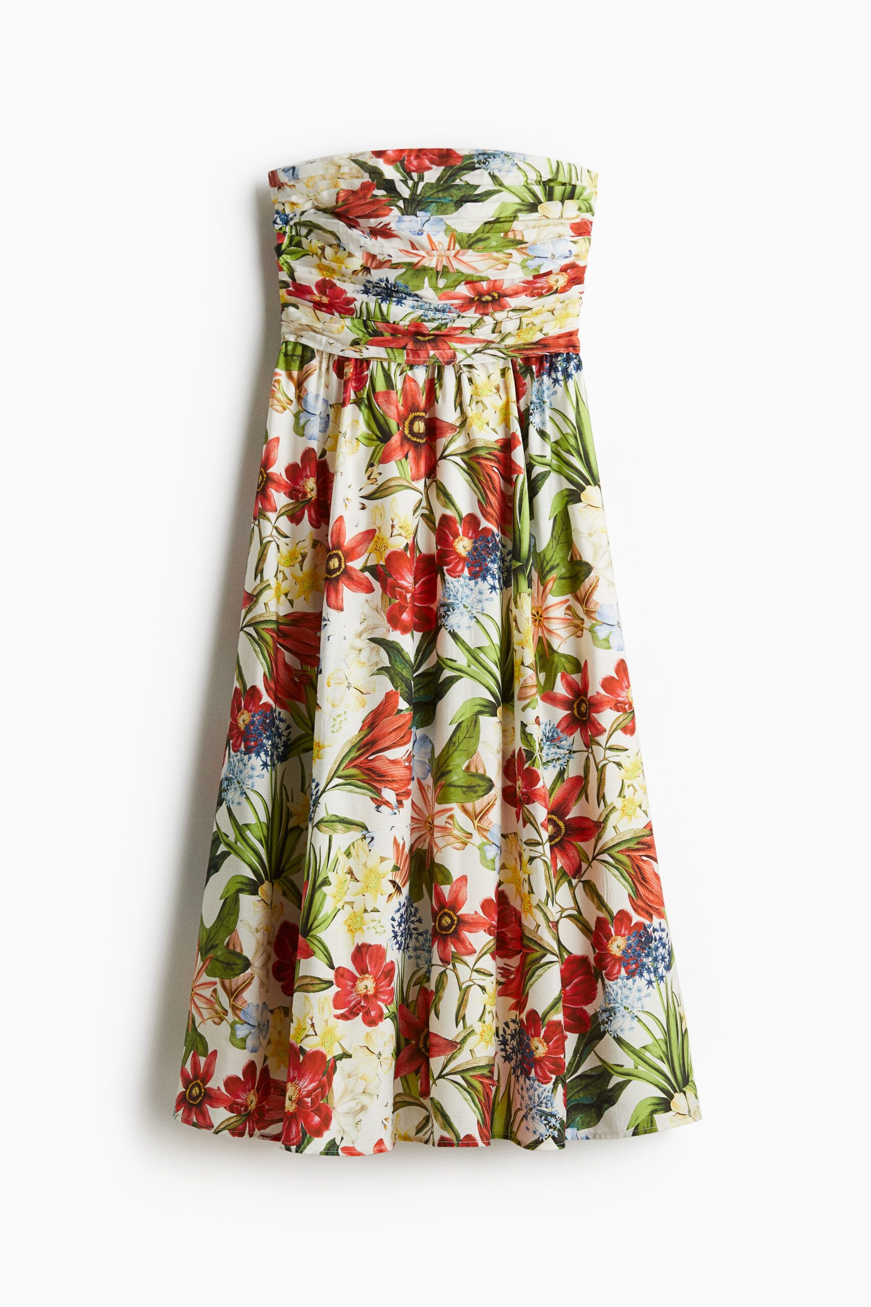 H & M - Geplooide bandeaujurk - Roomwit/Bloemen
