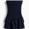 H & M - Strokenjurk met smokwerk - Donkerblauw