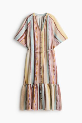 H & M - Jurk met korte mouwen en strikbandje - Lichtbeige/Gestreept