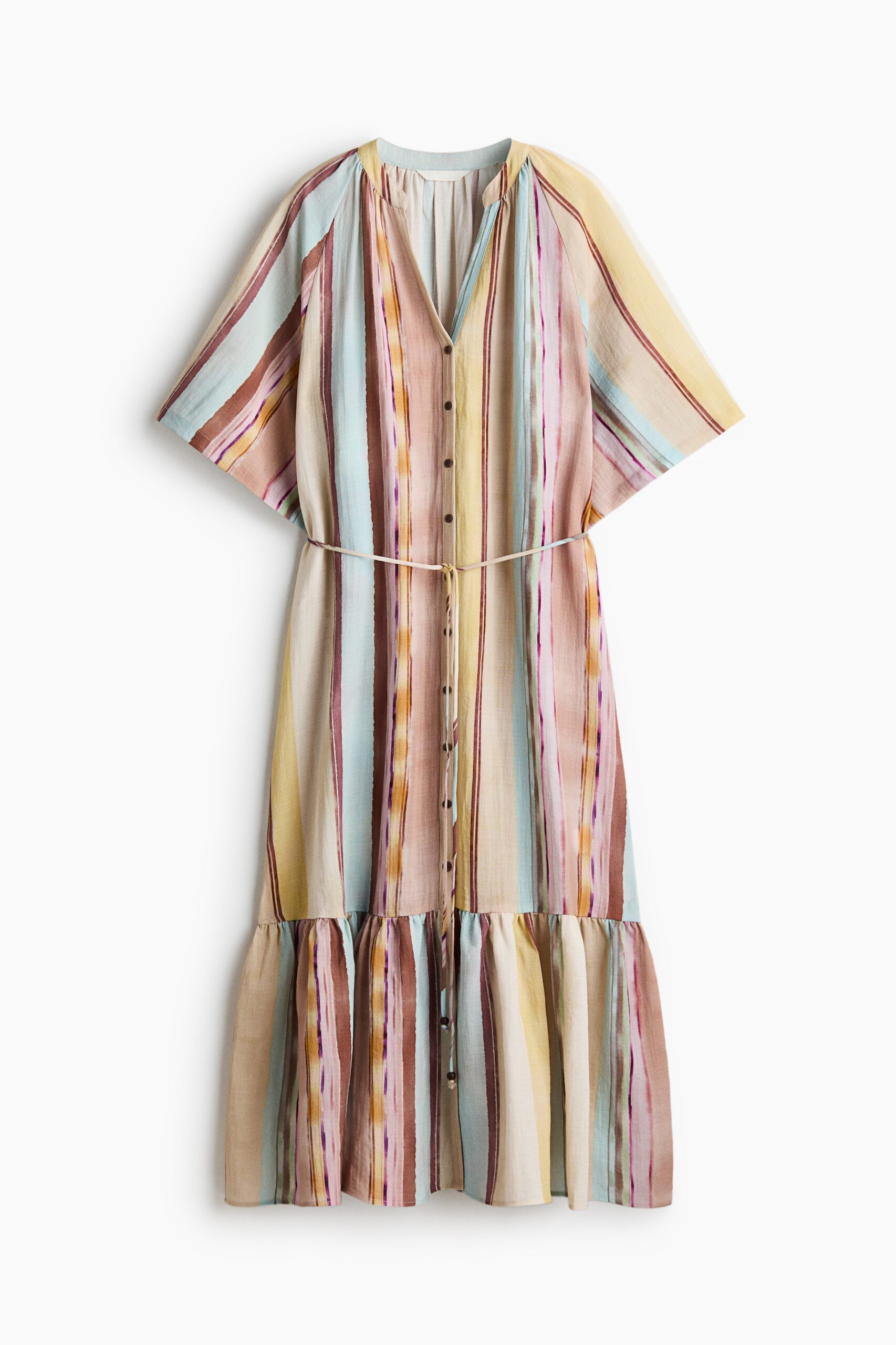 H & M - Jurk met korte mouwen en strikbandje - Lichtbeige/Gestreept H & M - Jurk met korte mouwen en strikbandje - Lichtbeige/Gestreept