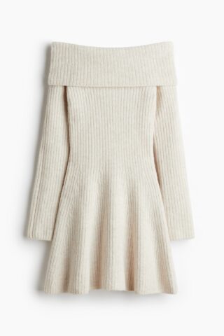 H & M - Ribgebreide off-the-shoulderjurk - Lichtbeige
