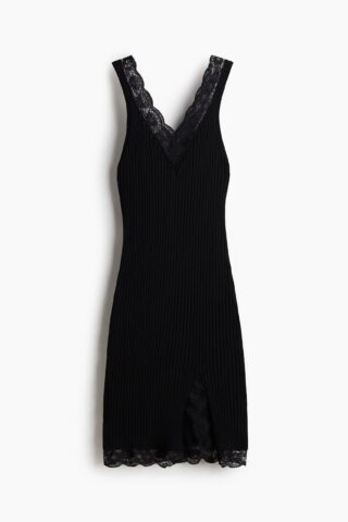 H & M - Ribgebreide jurk met kant - Zwart