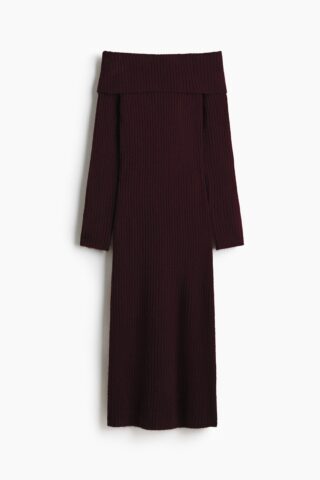 H & M - Ribgebreide off-the-shoulderjurk - Bordeauxrood