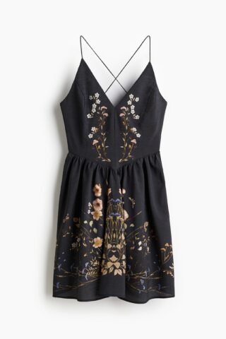 H & M - Jurk met uitlopende rok - Zwart/Bloemen