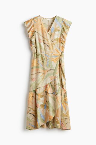 H & M - Overslagjurk met dessin - Beige/Bloemen
