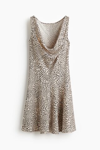 H & M - Jurk met watervalhals - Lichtbeige/Luipaarddessin